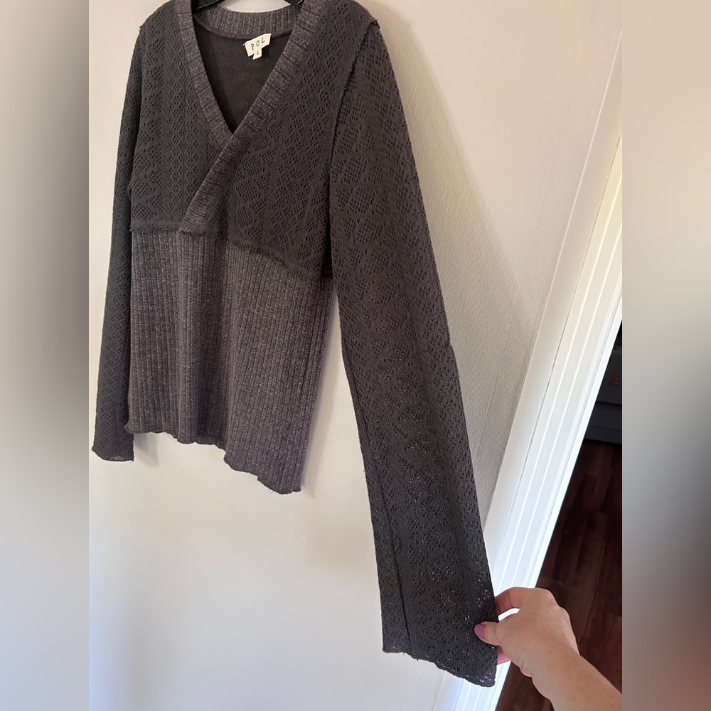POL Babydoll Mixed Media Pointelle Knit Gray V-Neck Sweater Indie Boho Y2K Sz L - Picture 7 of 12